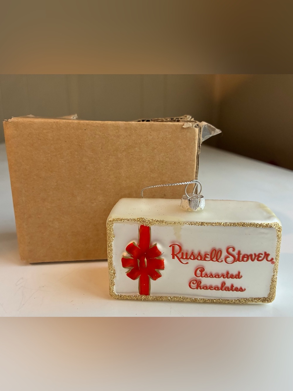 Vintage Russell Stover Assorted Chocolates Blown Glass Christmas Ornament Box